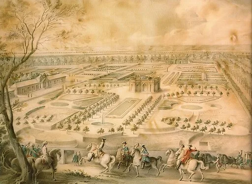 1776年、Louis XV en vue des jardins de Trianon, de la ménagerie domestique et des basses-cours, du Pavillon français et du portique de treillage
