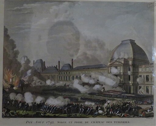 Siège et prise du château des Tuileries, 10 août 1792. Tableau nº 67 (version colorisée), extrait de la Collection complète des tableaux historiques de la Révolution française.