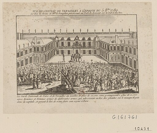 Vue du chateau de Versailles a l'époque du 5 8.bre 1789 : le Roi la Reine et Mgr le Dauphin paroissant au balcon donnant sur la cour de marbre : la Garde nationale de Paris et de Versailles au nombre de plus de 20,000... : [estampe] / [non identifié]